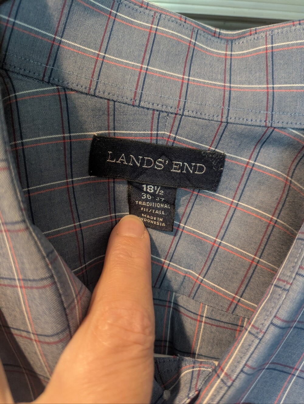 Men's Land's End Dress Shirt Button Front Blue Windowpane Plaid 18.5 Neck